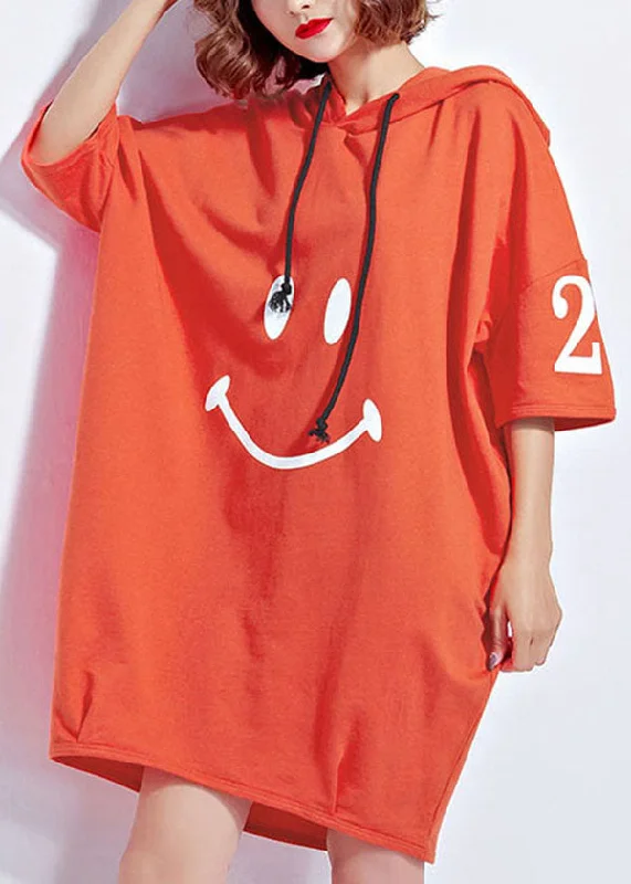 Women's High-Fashion Outfit Orange Letter Print Cotton Sweatshirt Dresses Drawstring Hooded Short Sleeve