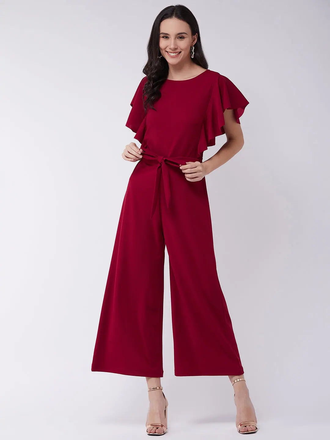 Timeless Women's Garments Red Solid Jumpsuit With Flared Sleeves