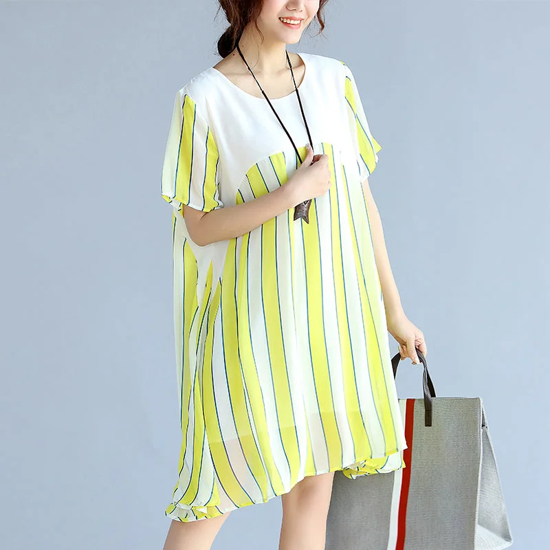 Women's Party Clothes women yellow striped  chiffon dress oversized chiffon patchwork o neck chiffon clothing dresses