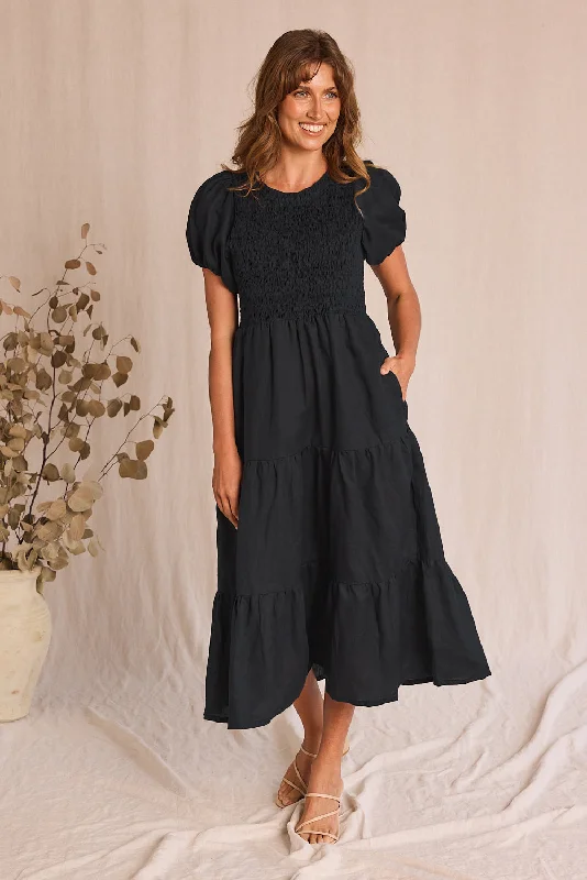 Women's Elegant Clothing Sets Minden Linen Shirred Short Sleeve Dress in Black