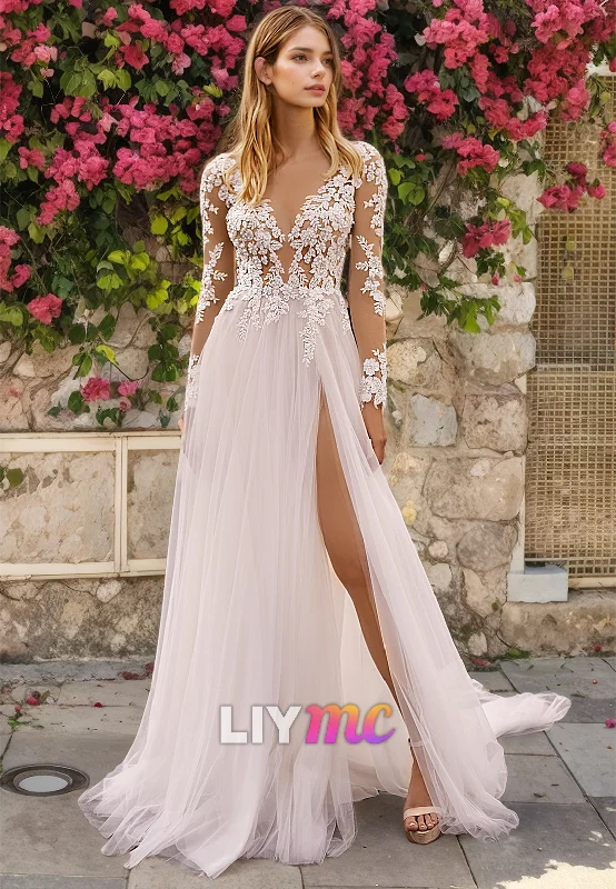 Women's Holiday Clothing V-Neck Long Sleeves Appliques Tulle A-Line Beach Wedding Dress