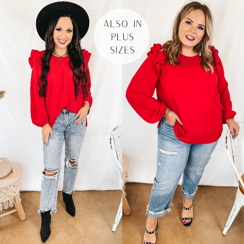 Top Deals Last Chance Size Small | Balcony Nights Ruffle Shoulder Long Sleeve Blouse in Red Top Deals Last Chance Size Small | Balcony Nights Ruffle Shoulder Long Sleeve Blouse in Red