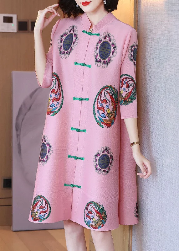 Women's Occasion Wear Clothes Women Pink Stand Collar Print Chiffon A Line Dress Half Sleeve