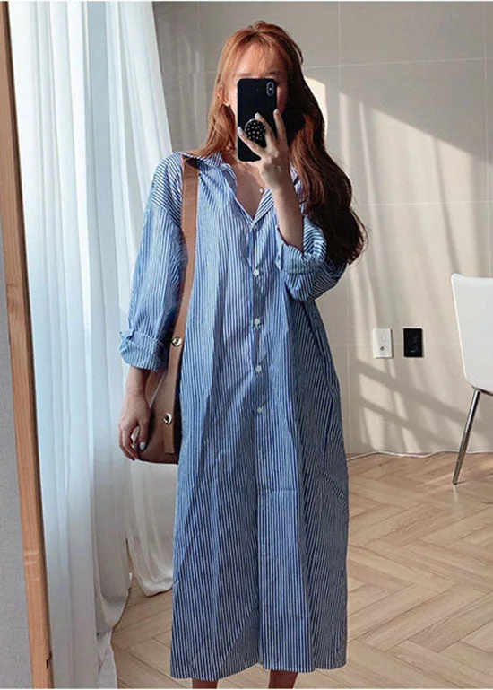 Women's Comfortable Clothes For Weekends Blue Cotton Button Striped Shirt Dresses Spring