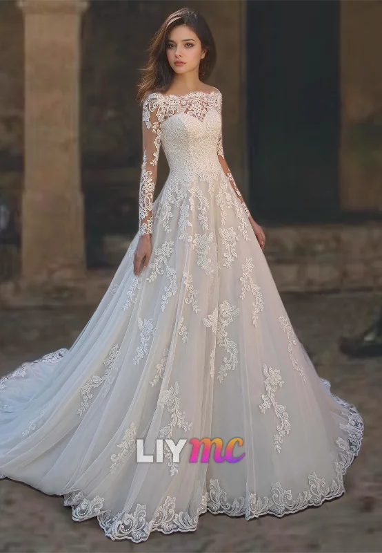 Women's Active Clothing Off-Shoulder Long Sleeves Appliques Tulle A-Line Wedding Dress