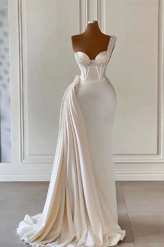 Women's Stylish Professional Apparel Long White Women Satin Mermaid Wedding Dresses with Pearls Abito Da Sposa