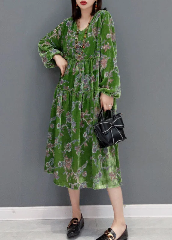 Women's Clothing For Outdoor Events Natural Green V Neck Hooded Velour Dress Spring