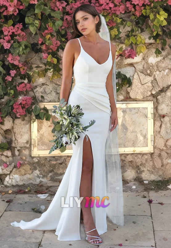 Women's Clothes And Apparel V-Neck Spaghetti Straps Side Slit Sheath Beach Wedding Dress