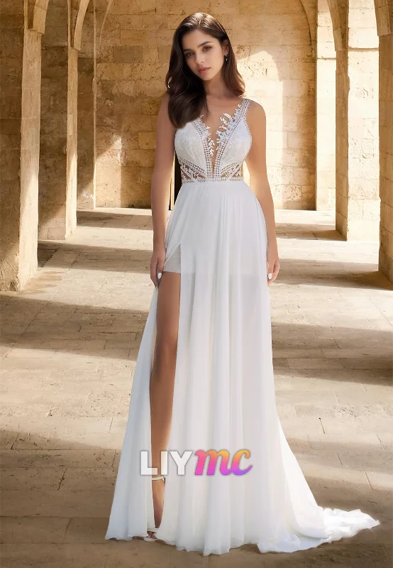 Women's Elegant Apparel V-Neck Sleeveless Appliques Chiffon A-Line Beach Wedding Dress