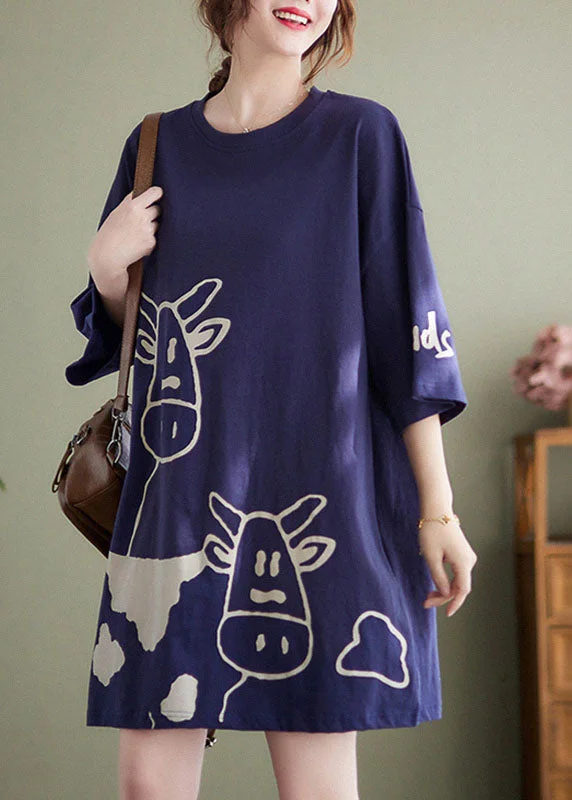 Women's Seasonal Attire Plus Size Blue O-Neck Cow Print Cotton Vacation Dresses Short Sleeve