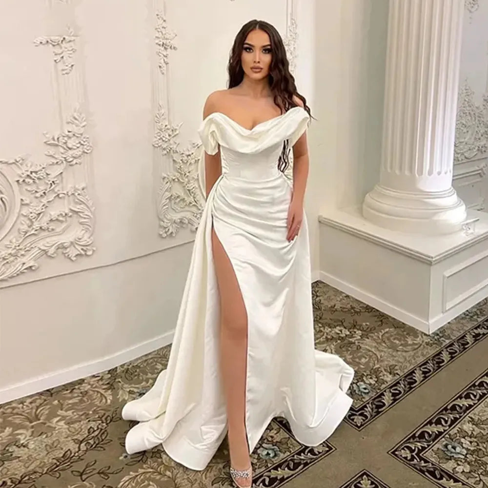 Women's Relaxed Clothes Elegant Satin Wedding Dresses For Bride Ribbons Princess Backless Off Shoulder High Split Civil Bridal Gowns Chapel Train