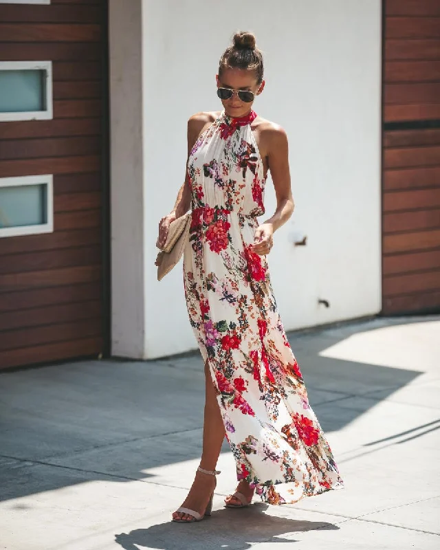 Women's Chic Outerwear Outfit Boho Halter Floral Maxi Summer Dress, Bohemian Dress For Women