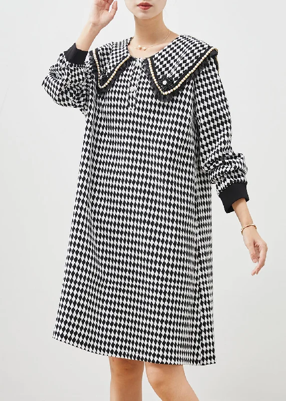 Women's Evening Clothing Boho Black White Plaid Sailor Collar Cotton Dress Spring