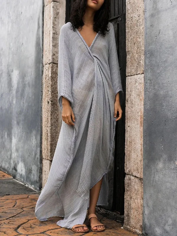 Online Boutiques Best Bat Sleeve Deep V-Neck Straped Loose Smocks Dress