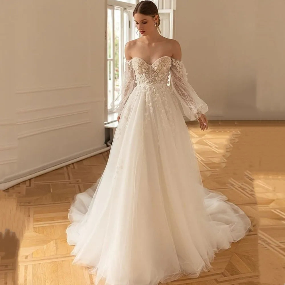 Women's Elegant Clothing Sets Sweetheart Wedding Dress Lantern Sleeve Lace Appliques Modern A-Line Bride Gown Tulle Backless Zipper Robe De Mariée