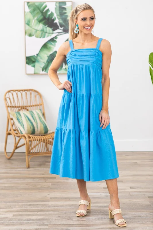 Women's Transitional Apparel Blue Ruched Bodice Midi Dress