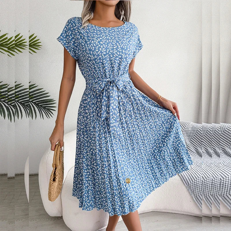 Timeless Women's Apparel Elegant Floral Print Pleated Summer Lace-up O-neck Short Sleeve Swing Midi Dress