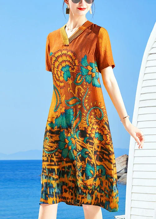 Women's Clothing Sets Slim Fit Orange V Neck Print Silk Mid Dresses Short Sleeve