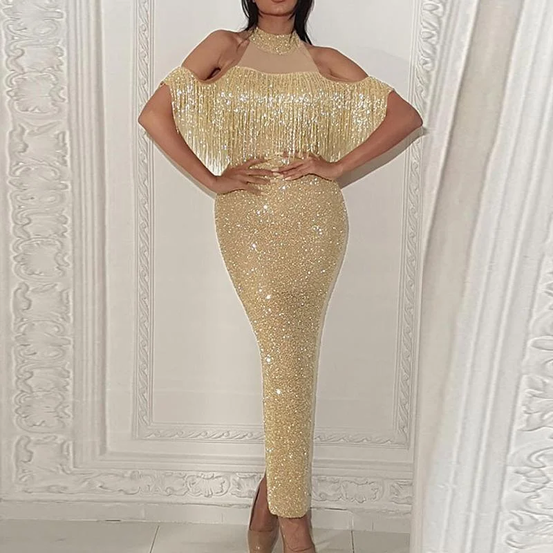 Snag Fabulous Fashion Bargains FashionSierra - Tassel designed glittering maxi dress women Halter bodycon party dress Summer Slim fit shinny dresses robe femme Snag Fabulous Fashion Bargains FashionSierra - Tassel designed glittering maxi dress women Halter bodycon party dress Summer Slim fit shinny dresses robe femme