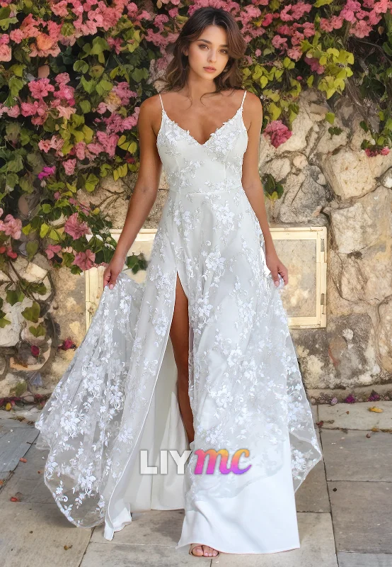 Women's Contemporary Apparel V-Neck Spaghetti Straps High Slit Appliques A-Line Beach Wedding Dress