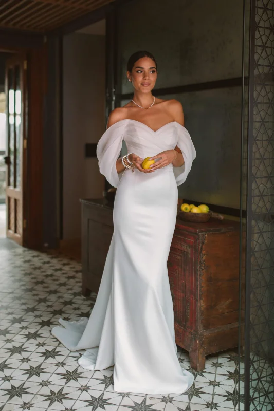 Style Revolution Elegant Sweetheart Mermaid Wedding Dress Women White Off The Shoulder Open Back Satin Bridal Gown Sweep Train Vestidos De Novia