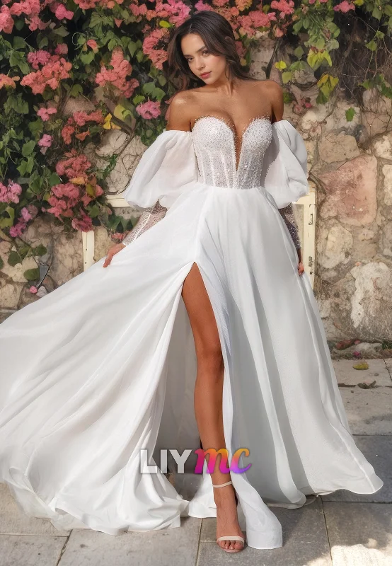 Women's Casual Attire V-Neck Long Sleeves Chiddon High Slit Beach Wedding Dress