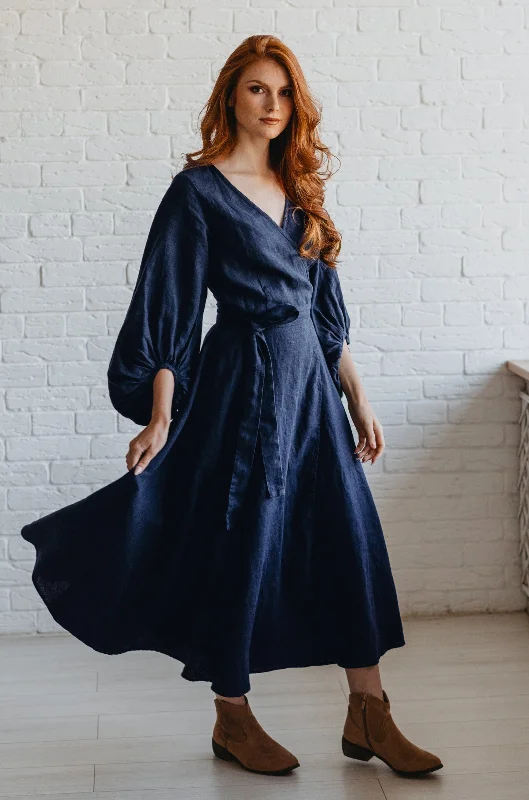 Women's Stylish Professional Apparel Linen Wrap Dress with Puff Sleeve