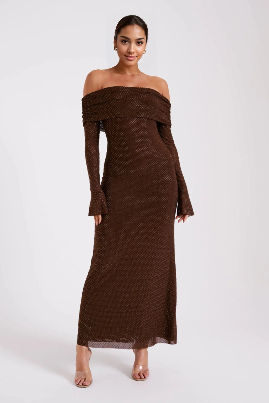 Stylish Women's Apparel Marcel Off Shoulder Diamante Maxi Dress - Chocolate