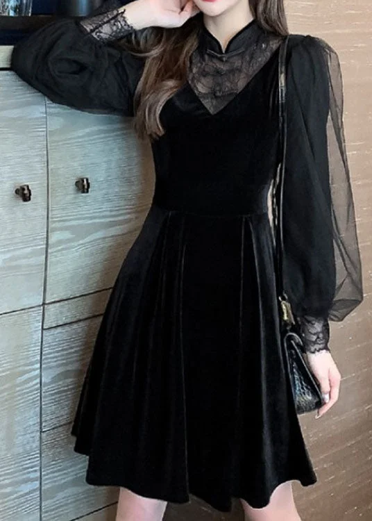 Luxury Women's Clothing Plus Size Unique Black Tulle Patchwork Dress Spring