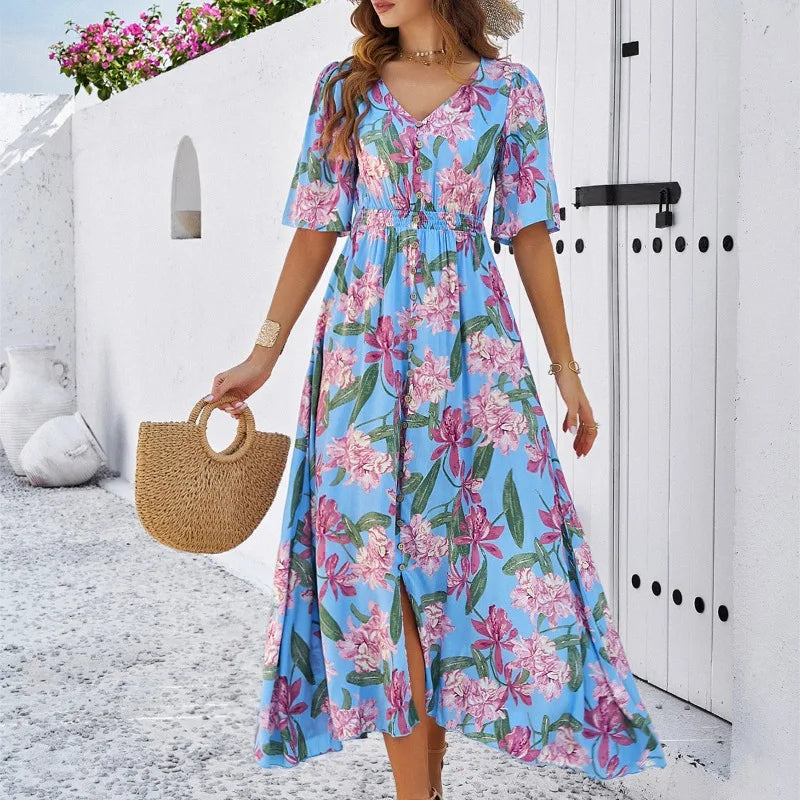 Chic Women's Garments Elegant Floral Print Summer 2024 New Holiday Casual Single Breasted Split Midi Dress