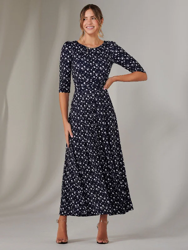 Women's Relaxed Outfit Enya 3/4 Sleeve Jersey Midaxi Dress, Navy White Floral