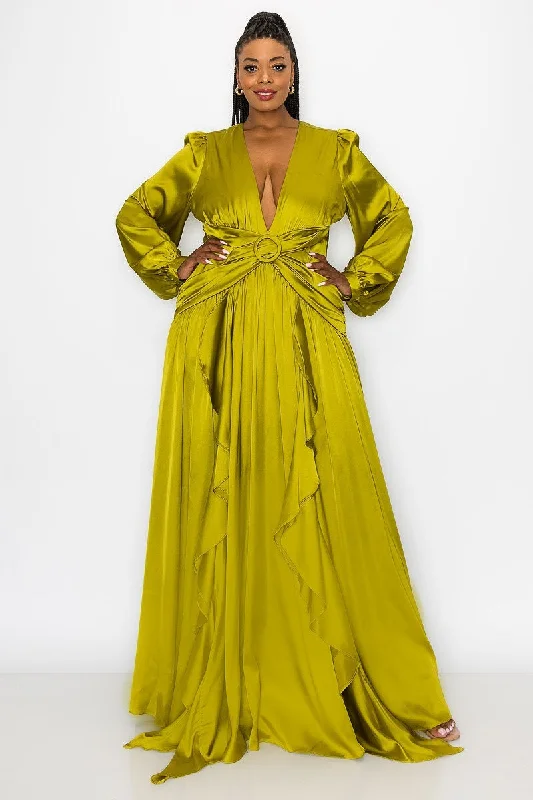 Women's Outerwear Attire Apple Green Draped In Satin Dress