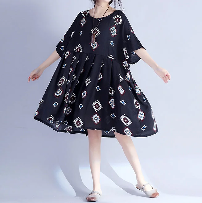 Women's Clothing Sets Elegant black prints Midi-length cotton dress casual traveling clothing New hig waist Cinched batwing sleeve cotton clothing dress