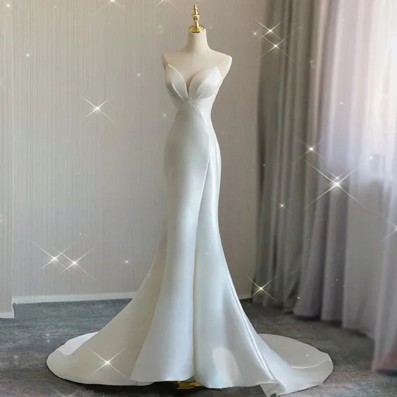 Women's Seasonal Apparel Luxury White Satin Wedding Trailing Mermaid Maxi Dresses for Bride Elegant Long Prom Evening Guest Cocktail Party Women Dress