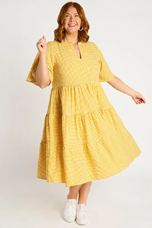 Women's Comfortable Apparel Birdie Gingham Yellow Dress