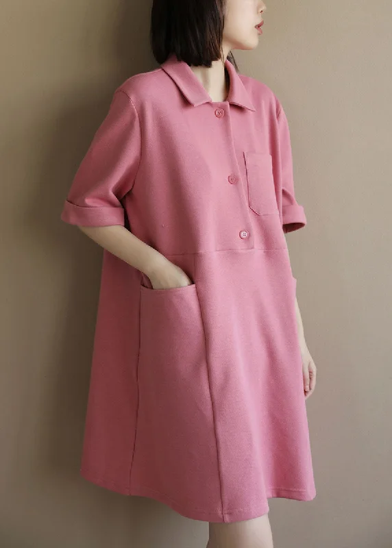 Stylish Everyday Clothing Style Solid Pink Peter Pan Collar Big Pockets Cotton Loose Dress Short Sleeve Stylish Everyday Clothing Style Solid Pink Peter Pan Collar Big Pockets Cotton Loose Dress Short Sleeve