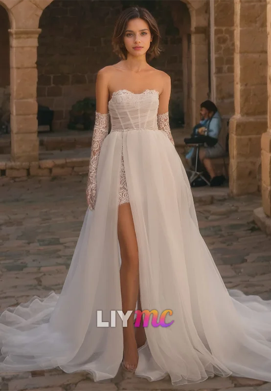 Women's Chic Outfit Sweetheart Strapless High Slit A-Line Wedding Dress