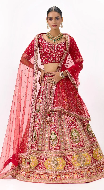 Women's Fashion-Forward Apparel Red Silk Embroidered Lehenga Set