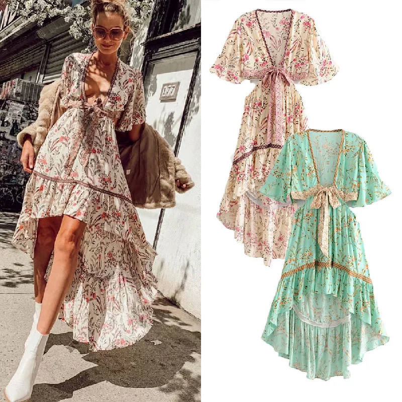 Women's Elegant Clothes Romantic Floral Bohemian Dress, Asymmetric Summer Boho Dress For Women