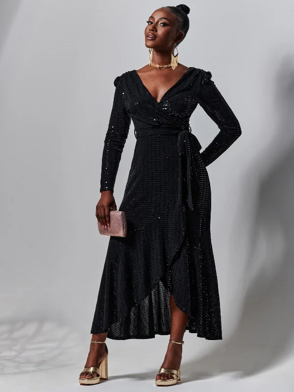 Eclectic Fashion Sparkly Wrap Frill Hem Maxi Dress, Black