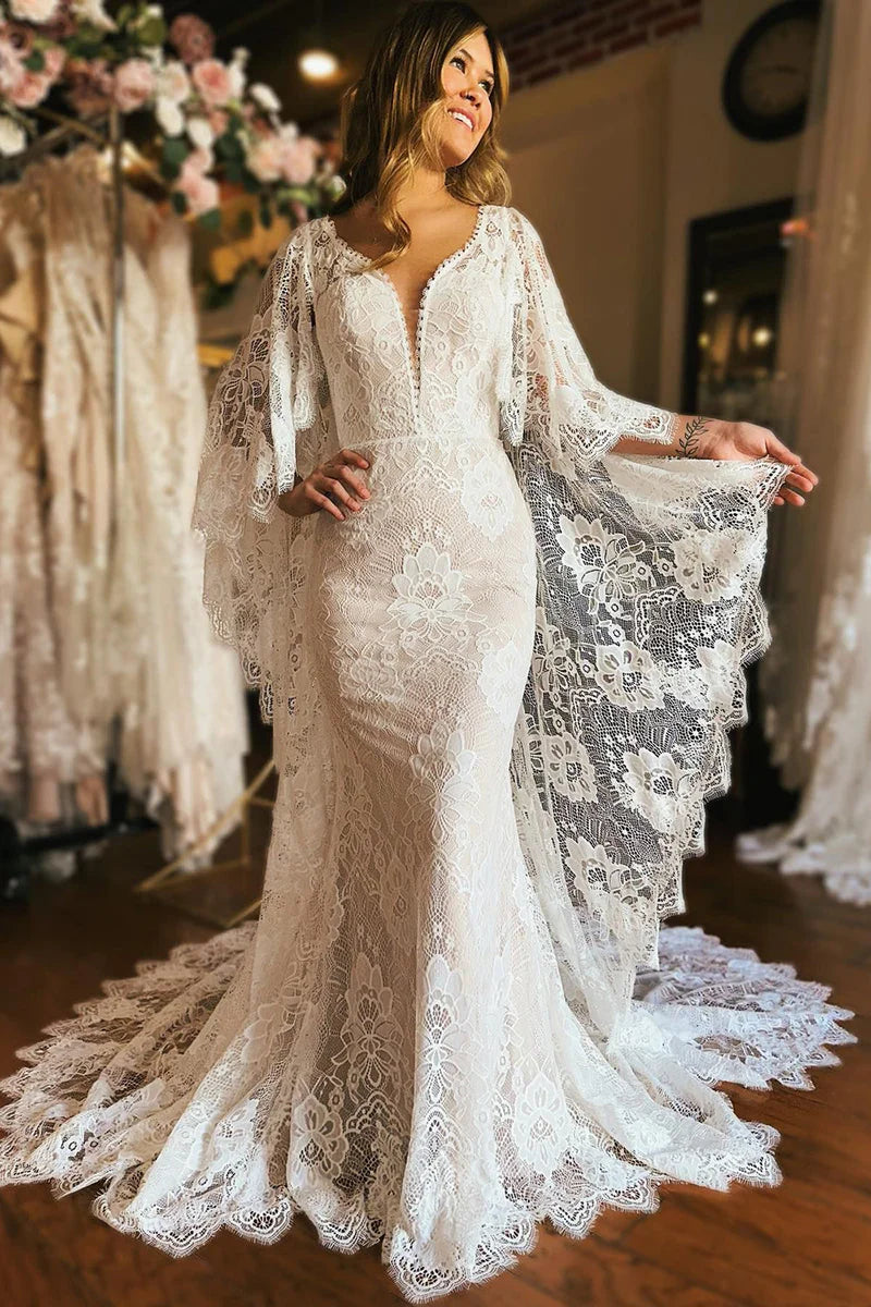 Women's Fashion Clothing Wedding Dress Ivory Long Sleeve Cape Lace Mermaid with Appliques