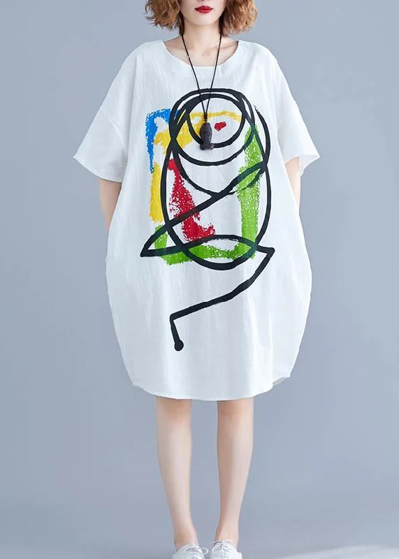 Women's Everyday Garments Vivid Cartoon print Cotton Tunics Tutorials white short sleeve Dress summer