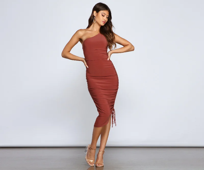 Women's Trendy Activewear Apparel Eve One-Shoulder Stylish Ruched Midi Dress