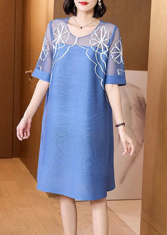 Women's Seasonal Wardrobe Clothing Light Blue Tulle Patchwork Silk Holiday Dress O-Neck Short Sleeve