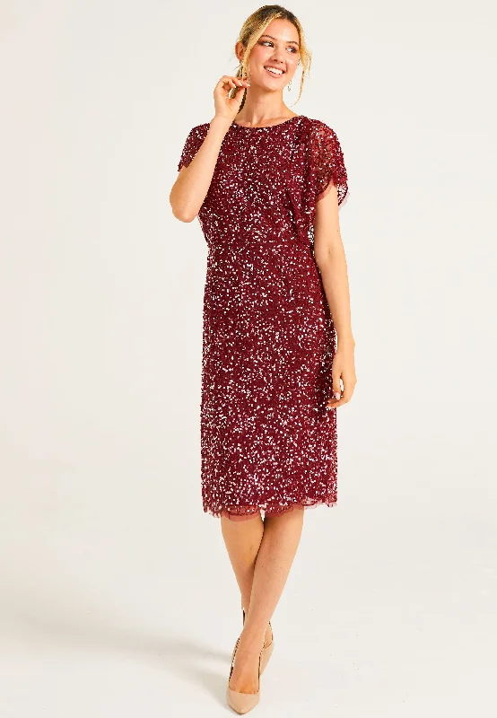 Women's Loungewear Clothes Embellished Midi Dress with Flutter Sleeve in Burgundy