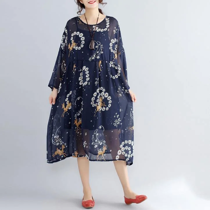 Classic Women's Apparel 2024 blue prints pure chiffon dresses plus size vintage two pieces wild dress