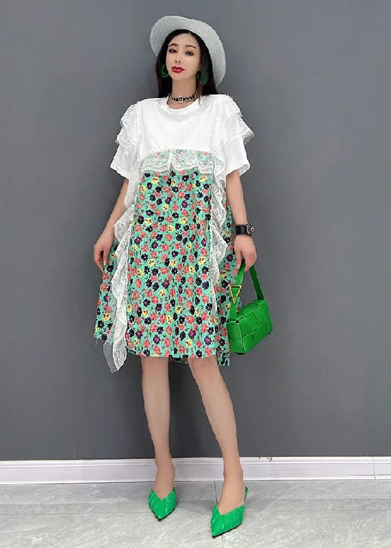 Classic Women's Apparel Green Print Lace Patchwork Party Dress O-Neck Short Sleeve