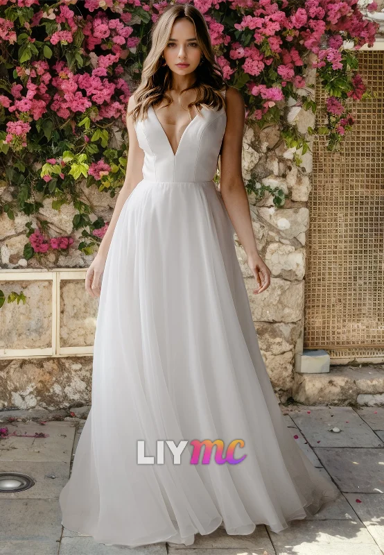 Women's Clothing For Casual Outings V-Neck Sleeveless A-Line Open Back Wedding Dress