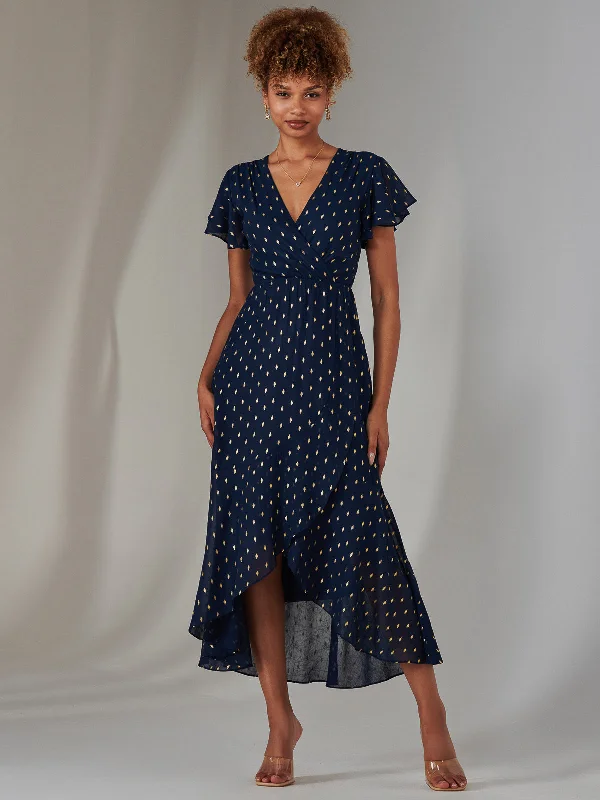 Women's Stylish Vacation Attire Metallic Spot Textured Chiffon Maxi Dress, Navy