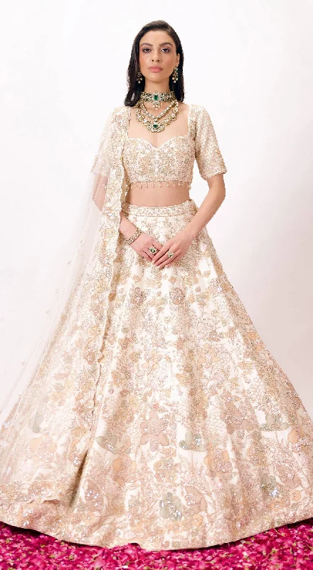 Fashionable Women's Clothes Off-White Silk Embroidered Lehenga Set